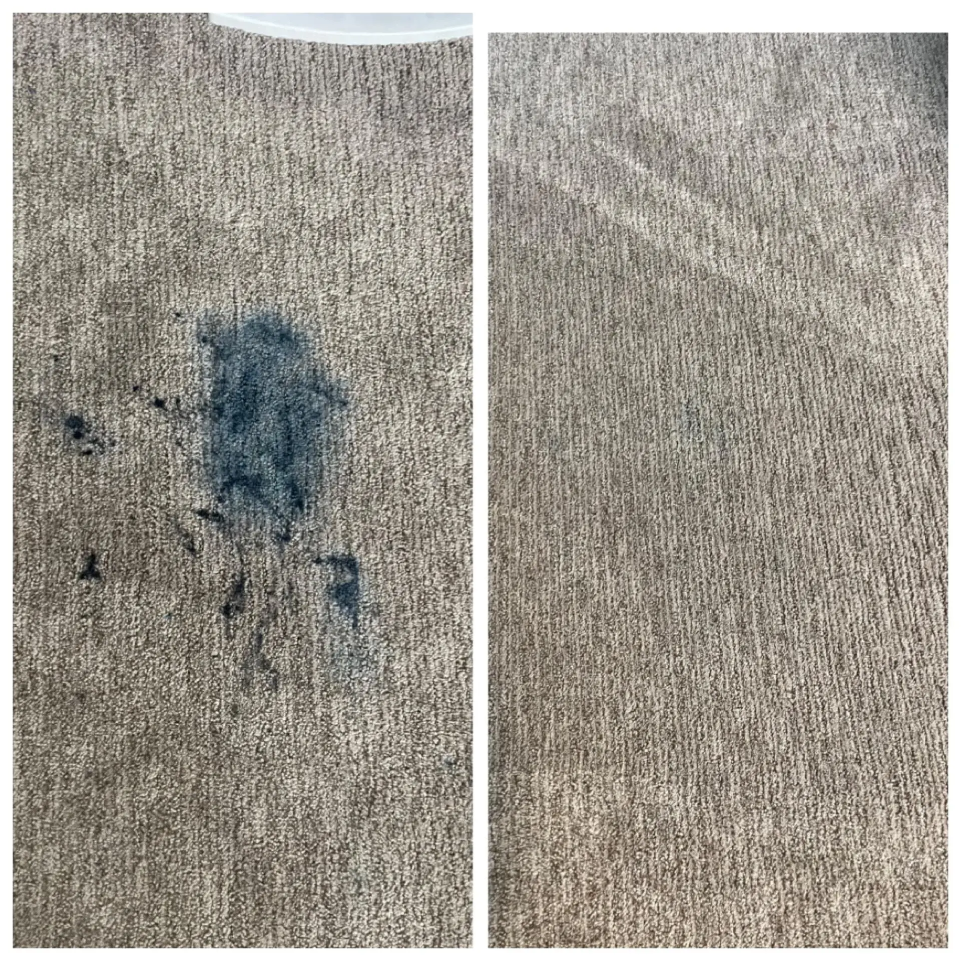 Close-up before and after of ink stain fully removed from tan carpet