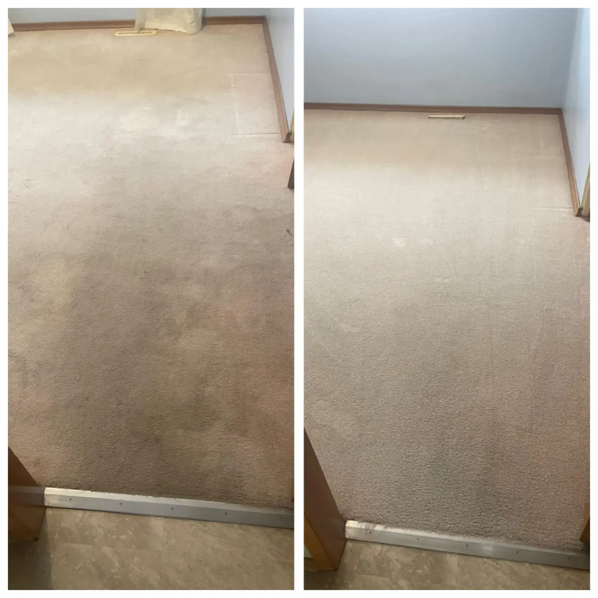 Before and after of beige bedroom carpet with pet stains removed