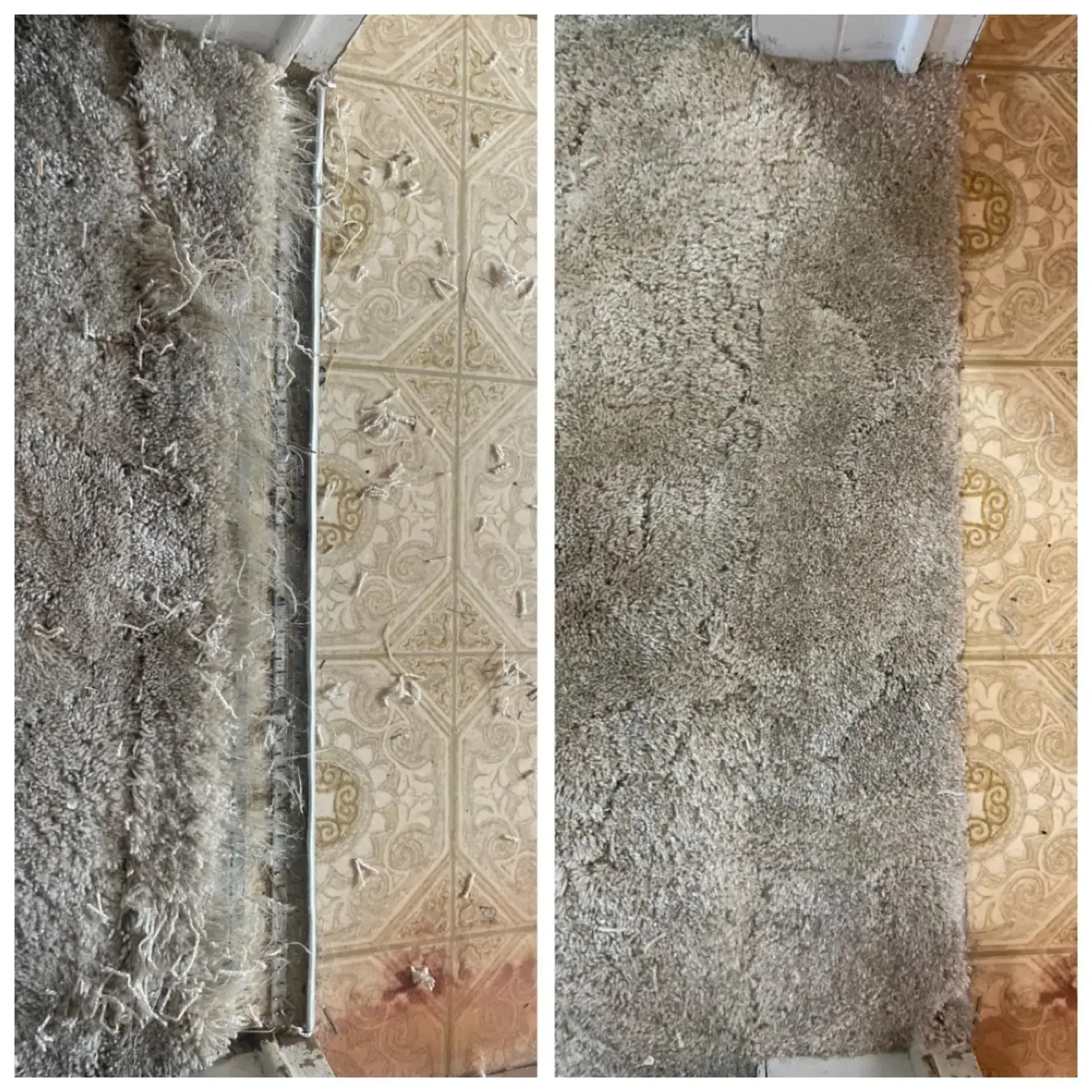 Before and after of frayed grey rug edge restored to clean finish