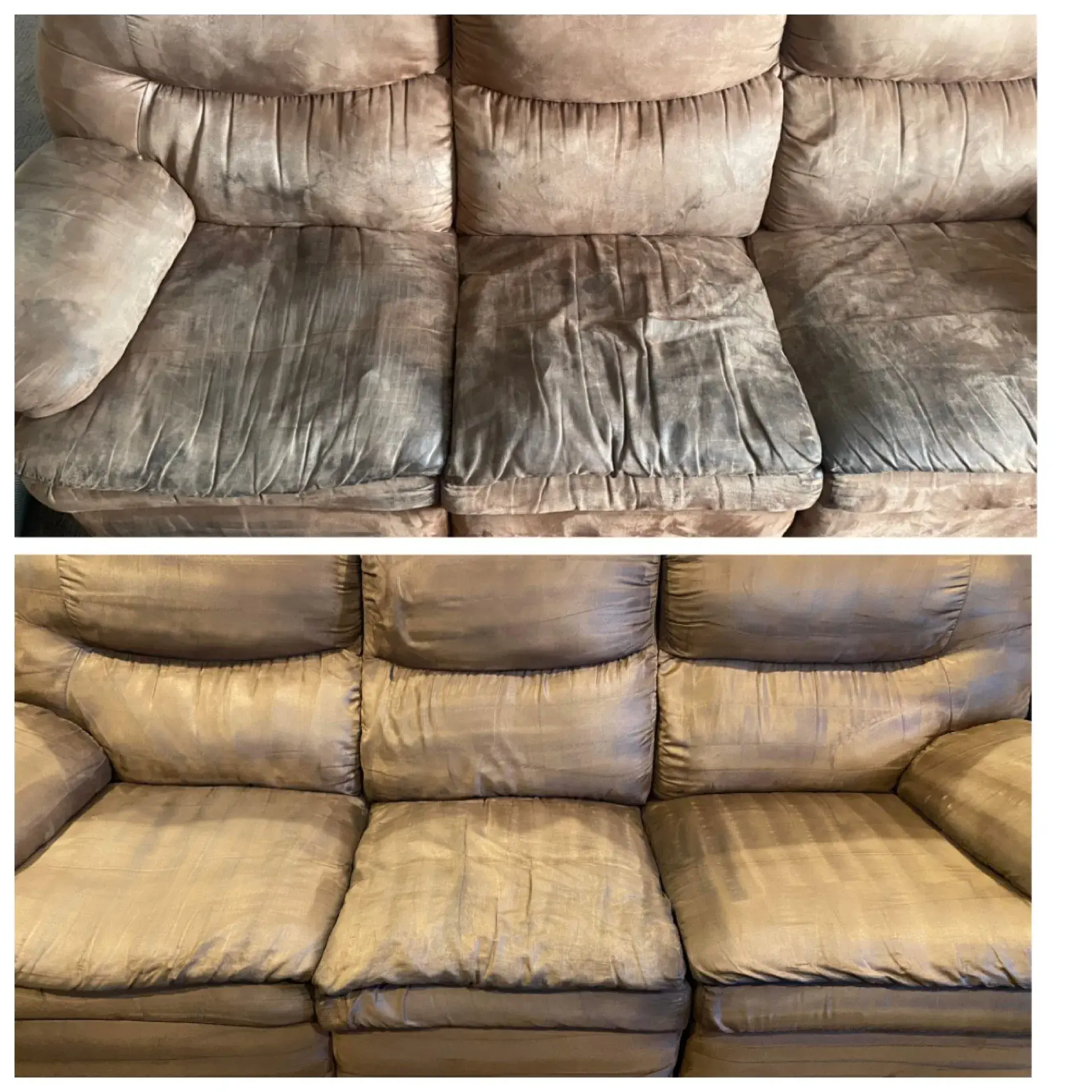 Dirty three-seat couch before cleaning compared to fully cleaned couch after