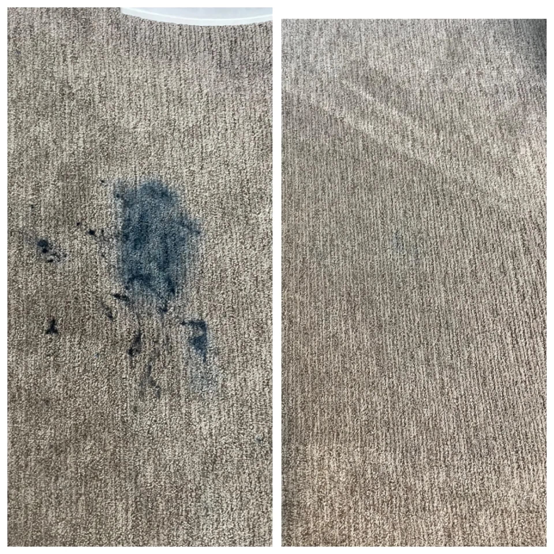 Close-up before and after of ink stain fully removed from tan carpet